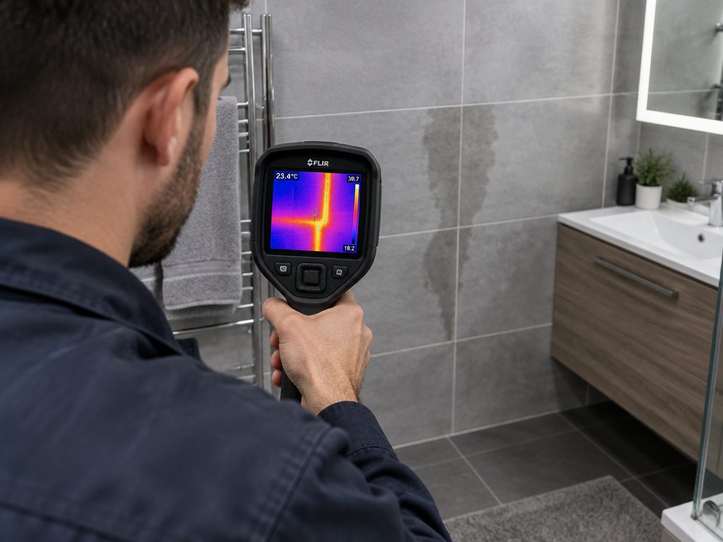 Techniker ortet eine Leckage mit der Wärmebildkamera im Badezimmer