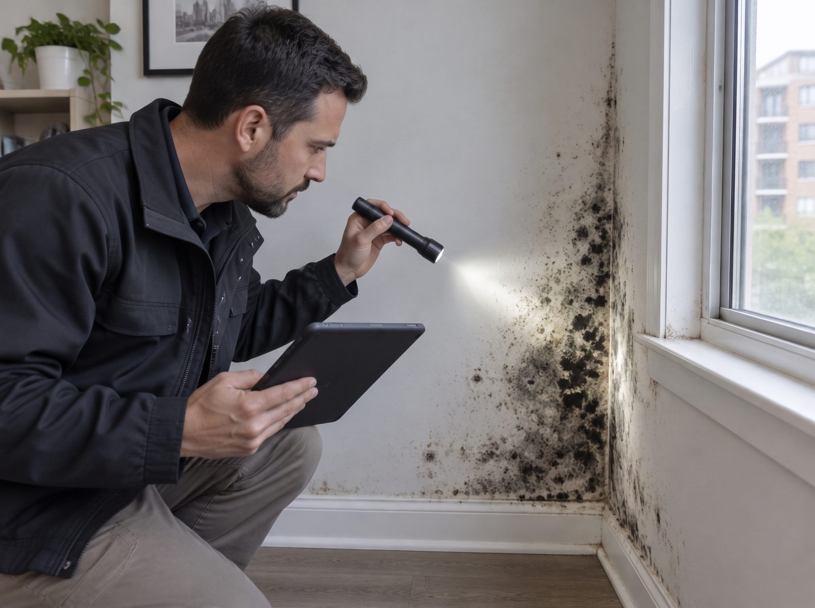 Gutachter untersucht Schimmelbefall an einer Wand mit Taschenlampe