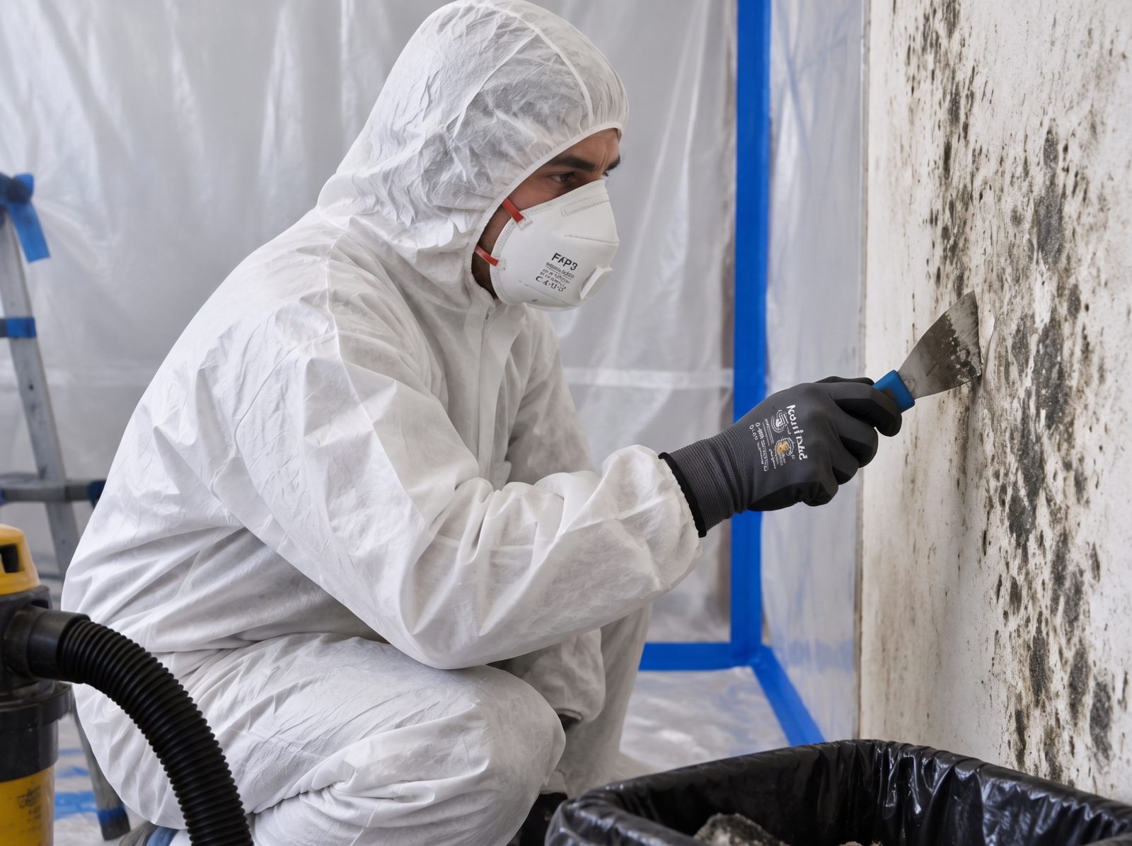 Sanierungsprofi im Schutzanzug entfernt Schimmel fachgerecht
