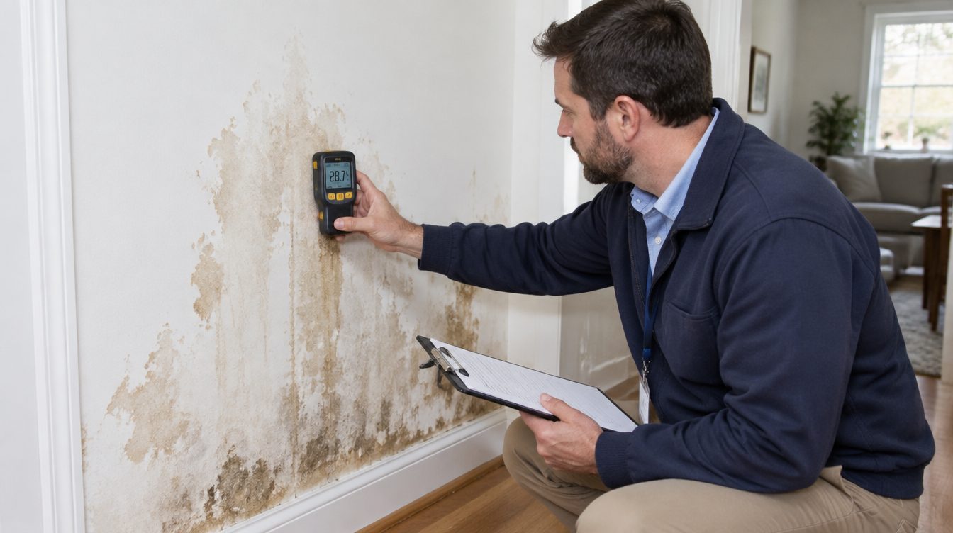 Gutachter misst die Feuchtigkeit an einer wasserbeschädigten Wand